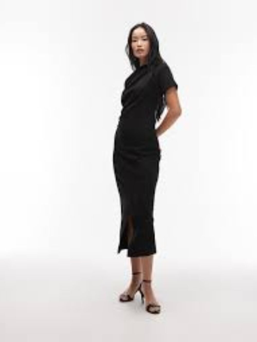 & Other Stories Short Sleeve Drape Twist Midaxi Dress with Front Split in Black